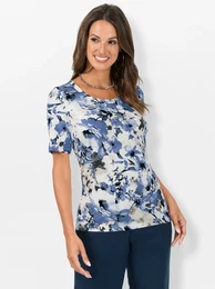 Kurzarmshirt LADY Shirt Gr. 54, blau (mittelblau, sesam, bedruckt), Damen, 95% Viskose, 5% Elasthan, geblmt, gemustert, mehrfarbig, Shirts