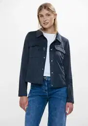 Kurzjacke , Damen, Gr. XL (44), blau (casual denim blau), Stoff, 92% Polyester, 8% Elasthan, unifarben, casual, gerade hftlang, V-Ausschnitt, Langarm Bndchen, Jacken, in Unifarbe