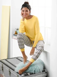 Schlafanzug WSCHEPUR, Damen, Gr. 52/54, gelb (gelb, gemustert), 95% Viskose, 5% Elasthan, Homewear-Sets
