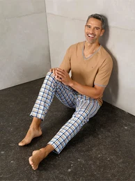 Schlafanzug WSCHEPUR Gr. 48/50, braun (camel), Herren, 100% Baumwolle, Homewear-Sets