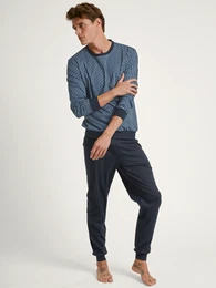 Schlafanzug , Herren, Gr. L (52/54), blau (schwarz sapphire), Interlock, Obermaterial: 100% Baumwolle, unifarben, gemustert, klassisch, bequem lang, Rundhals, Langarm angesetztes Bndchen, Homewear-Sets, mit weichem Rippbndchen