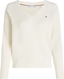 Strickpullover CO CABLE V-NK SWEATER Gr. XL (42), wei (ivory petal) Damen Pullover mit Zopfmuster, V-Ausschnitt