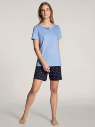 Shorty Night Lovers , Herren, Gr. M (44/46), blau (schwarz lapis blau), Interlock, Obermaterial: 100% Baumwolle, gemustert, casual, comfort fit kurz, Rundhals, Kurzarm, Homewear-Sets, mit gemusterter Hose