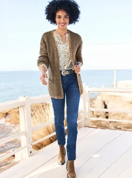 Strickjacke Gr. 38, braun (dunkeltaupe, ecru, meliert) Damen Strickjacken