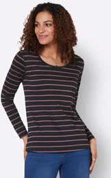 T-Shirt CASUAL LOOKS Shirt Gr. 54, lila (violett, schwarz, geringelt), Damen, 50% Baumwolle, 50% Modal, gemustert, mehrfarbig, gestreift, Shirts