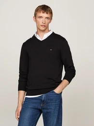 Strickpullover ESSENTIAL COTTON V NECK , Herren, Gr. L, schwarz, Strick, Obermaterial: 100% Baumwolle, casual, V-Ausschnitt, Langarm Rippbndchen, Pullover