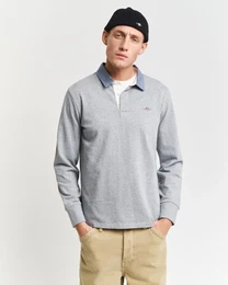 Langarm-Poloshirt REG CHAMBRAY HEAVY RUGGER , Herren, Gr. XL, grau (grau melange), Jersey, Obermaterial: 100% Baumwolle, casual, Langarm, Shirts