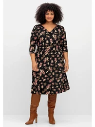 Jerseykleid BY JOE BROWNS Groe Gren Gr. 40, Normalgren, schwarz (schwarz gemustert) Damen Kleider mit Blumendruck und ausgestelltem Rock