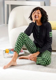 Schlafanzug WSCHEPUR Gr. 48/50, bunt (apfel, schwarz, kariert) Damen Homewear-Sets