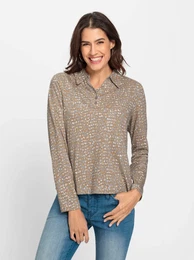 Poloshirt INSPIRATIONEN Shirt Gr. 54, braun (camel, steingrau, bedruckt), Damen, 50% Baumwolle, 50% Modal, gemustert, mehrfarbig, Shirts