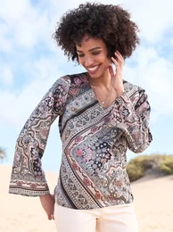 Druckbluse Gr. 50, grau (graphit, camel, bedruckt) Damen Blusen
