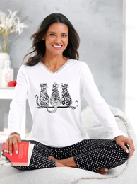 Schlafanzug WSCHEPUR, Damen, Gr. 44/46, schwarz-wei (schwarz, wei, bedruckt), 50% Baumwolle, 50% Viskose, Homewear-Sets