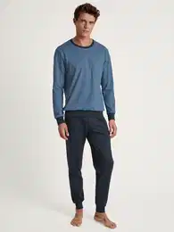 Schlafanzug Relax Essentials , Herren, Gr. S (46/48), blau (coronet blau), Interlock, Obermaterial: 100% Baumwolle, unifarben, gemustert, klassisch, bequem lang, Rundhals, Langarm, Homewear-Sets, mit eingefasstem Rundhalsausschnitt