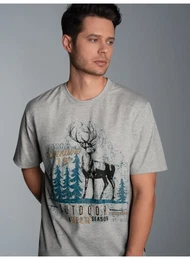 T-Shirt T-Shirt mit groem Hirsch-Printmotiv , Herren, Gr. XXL, grau (grau, melange), 100% Baumwolle, Basic, Halbarm, Shirts