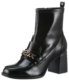 Stiefelette Gr. 41, schwarz Damen Schuhe Blockabsatz, Partyschuh mit eleganter Zierkette und Logoemblem