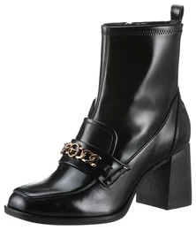 Stiefelette Gr. 39, schwarz Damen Schuhe Blockabsatz, Partyschuh mit eleganter Zierkette und Logoemblem