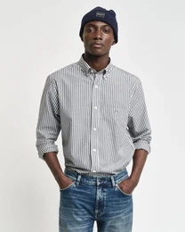 Langarmhemd REG POPLIN STRIPE SHIRT , Herren, Gr. L, N-Gr, schwarz, Web, Obermaterial: 100% Baumwolle, casual, regular fit, Langarm, Hemden