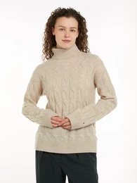Rollkragenpullover SOFT WOOL CABLE ROLL-NK SWEATER Gr. XL (42), beige (classic heather) Damen Pullover mit Logostickerei, allover Zopfmuster, Rollkragen, 100% Wolle