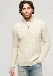 Strickpullover Jacob Cable Knit Half Zip Gr. L, beige (ecru) Herren Pullover