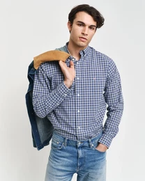 Langarmhemd REG POPLIN SMALL CHECK SHIRT , Herren, Gr. 4XL, N-Gr, blau (college blau), Web, Obermaterial: 100% Baumwolle, casual, Langarm, Hemden, Regular Fit Popeline Hemd mit kleinem Karomuster