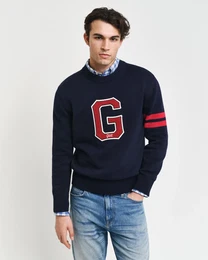 Rundhalspullover SEASONAL G C-NECK Gr. L, blau (evening blue) Herren Pullover mit saisonaler Grafik, G-Badge aus Frottee