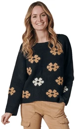 Strickpullover ISABELLA , Damen, Gr. M, schwarz (jet schwarz), Strick, Obermaterial: 91% Polyester, 6% Wolle, 3% Elasthan, Intarsienmuster, casual, regular fit taillenbedeckt, Rundhals, Langarm Rippbndchen, Pullover, mit Blumenintarsien