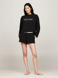 Pyjama LS SHORT PJ SET (EXT.SIZE) , Damen, Gr. M (38), schwarz, Jersey, Obermaterial: 95% Baumwolle, 5% Elasthan, UNDERWEAR, unifarben mit Farbeinsatz, Basic, bequem kurz, Rundhals, Langarm abgesteppt, Homewear-Sets, mit Logo-Schriftzge