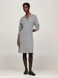 Strickkleid SOFT WOOL CABLE POLO SWT DRESS Gr. XL (42), N-Gr, grau (medium heather grey) Damen Kleider mit Zopfmuster, Polokragen