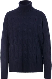 Rollkragenpullover SOFT WOOL CABLE ROLL-NK SWEATER Gr. XL (42), blau (desert sky) Damen Pullover mit Logostickerei, allover Zopfmuster, Rollkragen, 100% Wolle