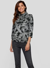 3/4-Arm-Shirt Gr. 42, grau (anthra) Damen Shirts mit Kordelzug am Hals und grafischem Muster