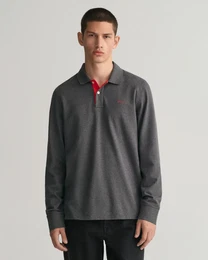 Poloshirt REG CONTRAST PIQUE LS POLO , Herren, Gr. L, schwarz (antracit melange), Jersey, Obermaterial: 96% Baumwolle, 4% Elasthan, casual, regular fit hftlang, hoch geschlossener Ausschnitt, Langarm Rippbndchen, Shirts, mit kontrastfarbenen Ei