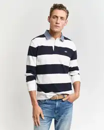 Langarm-Poloshirt REG CHAMBRAY STRIPE HEAVY RUGGER , Herren, Gr. XL, wei (eggshell), Jersey, Obermaterial: 100% Baumwolle, gestreift, casual, Langarm, Shirts