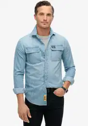 Langarmhemd EMBROIDERED WORKWEAR SHIRT , Herren, Gr. L, N-Gr, blau (heavy wash), Web, Obermaterial: 100% Baumwolle, unifarben, modisch, regular fit, Rundhals, Langarm, Hemden