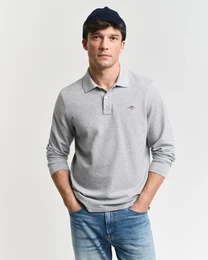 Poloshirt REG SHIELD LS PIQUE RUGGER Gr. M, grau (grey melange) Herren Shirts mit Logotickerei auf der Brust