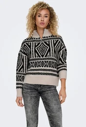 Strickpullover ONLFELICIA LS ZIP PULLOVER NCA KNT Gr. L (40), beige (pumice stone pattern:with black) Damen Pullover