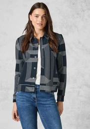Kurzjacke , Damen, Gr. XL (44), blau (deep petrol), Web, 71% Baumwolle, 27% Polyester, 2% Elasthan, bedruckt, casual, gerade normal, ohne Ausschnitt, Langarm Bndchen, Jacken, mit Knopfleiste