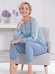 Schlafanzug WSCHEPUR, Damen, Gr. 48/50, blau (bleu), 100% Baumwolle, Homewear-Sets