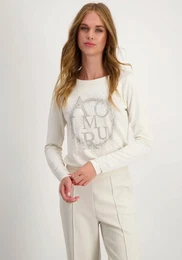 Rundhalsshirt Gr. 46, wei (offwhite) Damen Shirts mit Frontprint und Glitzernieten
