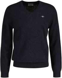 V-Ausschnitt-Pullover EXTRAFINE LAMBSWOOL V-NECK Gr. XXXL, blau (dark navy melange) Herren Pullover mit Logostickerei