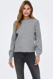 Rundhalspullover ONLGAIDA LIFE LS EMB O-NECK CC KNT Gr. XS (34), grau (medium grey melange detail:silver rhinestones) Damen Pullover