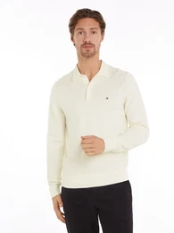 Polokragenpullover PIMA ORG CTN CASHMERE LS POLO , Herren, Gr. L, wei (ivory), Strick, Obermaterial: 92% Baumwolle, 8% Kaschmir, casual, regular fit, Langarm, Pullover, Flag-Stickerei auf Brust
