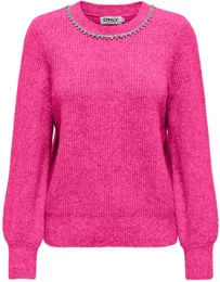Rundhalspullover ONLGAIDA LIFE LS EMB O-NECK CC KNT Gr. XS (34), pink (fuchsia purple detail:melange, silver rhinstones) Damen Pullover