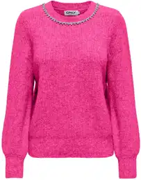 Rundhalspullover ONLGAIDA LIFE LS EMB O-NECK CC KNT Gr. L (40), pink (fuchsia purple detail:melange, silver rhinstones) Damen Pullover