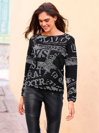 Strickpullover Pullover Gr. 46, schwarz (ecru, schwarz, gemustert) Damen Pullover
