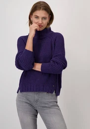 Stehkragenpullover Gr. 40, lila Damen Pullover aus Chenille-Garn