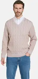 V-Ausschnitt-Pullover Pullover CARIELLO , Herren, Gr. 58, beige, Obermaterial: 70% Baumwolle CO. 30% Polyacryl PAN., unifarben, casual, normal, V-Ausschnitt, Langarm, Pullover, im stilvollen Strickmuster