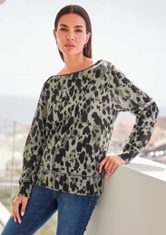 Strickpullover Druck-Pullover Gr. 48, bunt (schlamm, schwarz, bedruckt) Damen Pullover