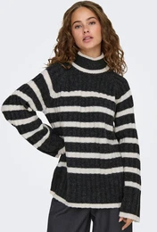 Rollkragenpullover JDYMILEY L/S LONG STRIPE PULLOV KNT NOOS Gr. M (L), grau (dark grey melange detail:with birch mel stripes) Damen Pullover