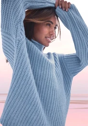 Stehkragenpullover Gr. 44/46, blau (blau meliert) Damen Pullover in Melange-Optik