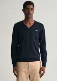 V-Ausschnitt-Pullover Classic Cotton V-Neck Gr. S, blau (evening blue) Herren Pullover Premium Strickjersey aus weicher 100% Baumwolle, bergangspullover